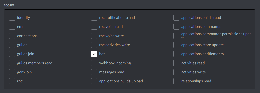 The scopes checkbox with "bot" ticked.